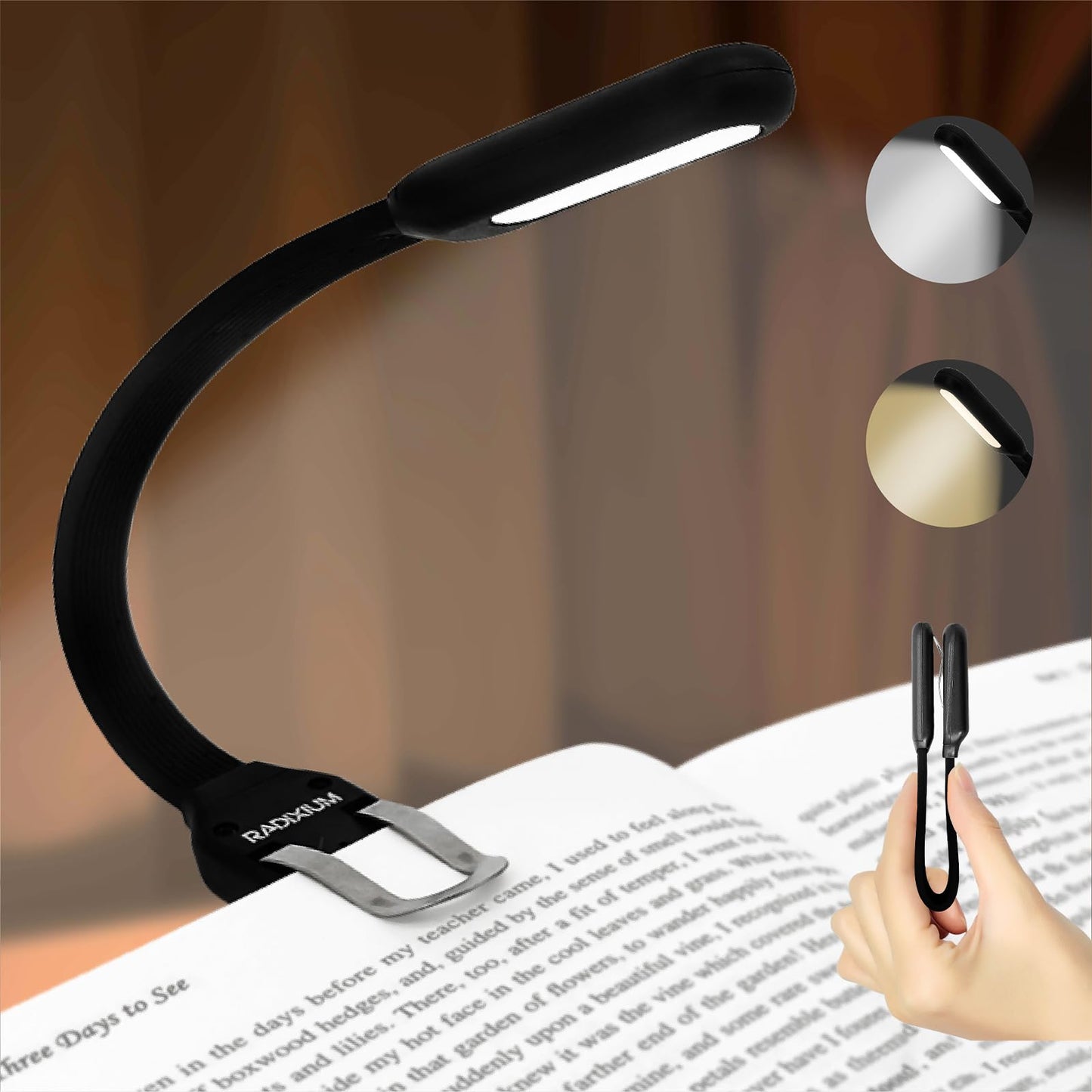 Radixium Slim Rechargeable Book Reading Light  Eye Caring Led With 4 Color Temperatures  Portable Clip On Book Light For Reading In Bed & Travelling. Prefect Elegant White Gift For Book Lover.(Black)