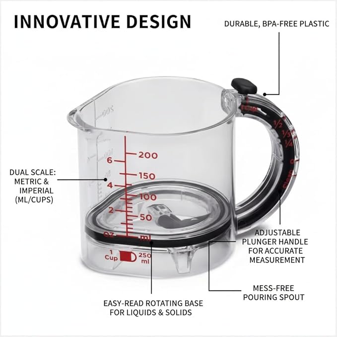 4-in-1 Adjustable Measuring Cup with Scraper Lid & Push-Up Base, Multi-function 1 Tbsp to 1 Cup Kitchen Tool for Sticky Ingredients, Baking & Cooking, Space Saving Design (Size Options) (1)