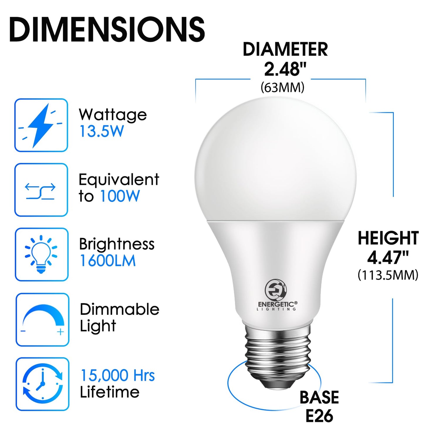 Energetic A19 LED Light Bulbs 100W Equivalent 3000K Warm White 13.5W 1600lm 12-Pack UL Listed