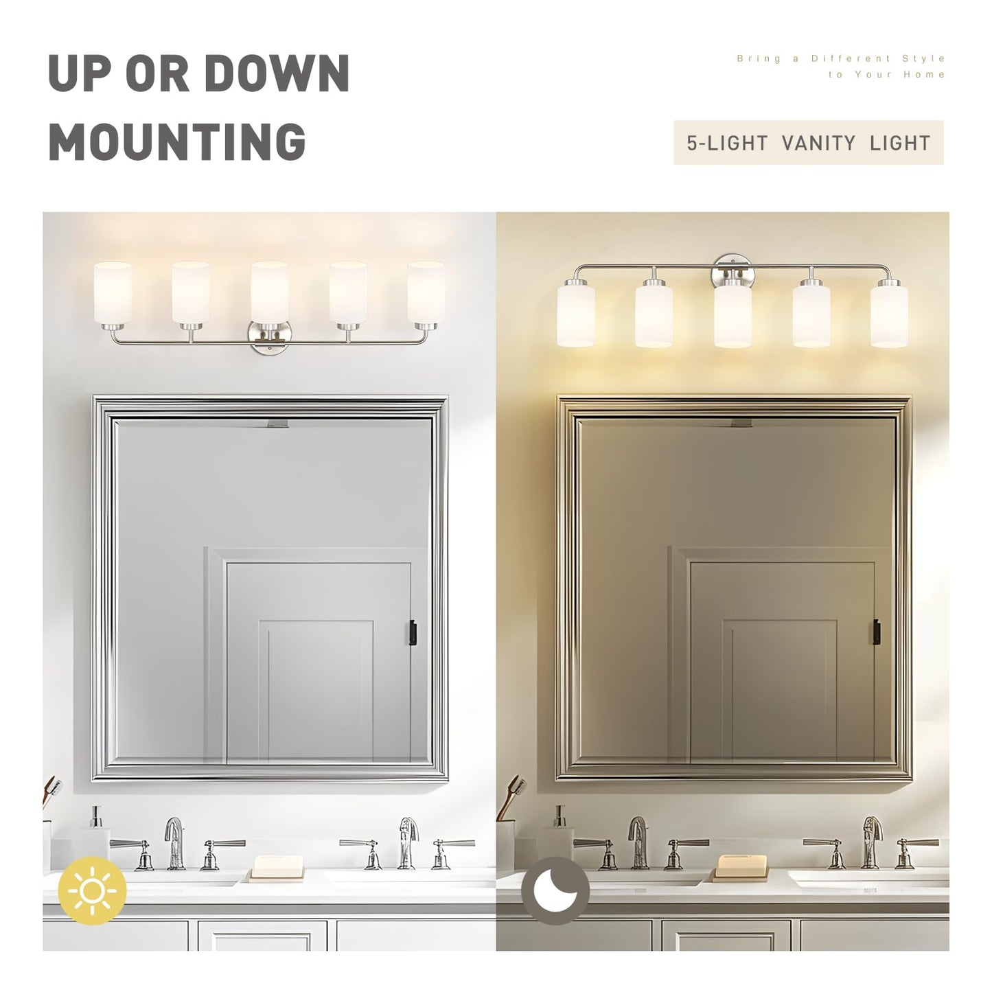 Zeyu Modern Bathroom Wall Sconce  5-Light Wall Mirror Light  Vanity Lighting Over Mirror  Brushed Nickel Finish With Milky White Glass Shade  Zs62B-5W Bn