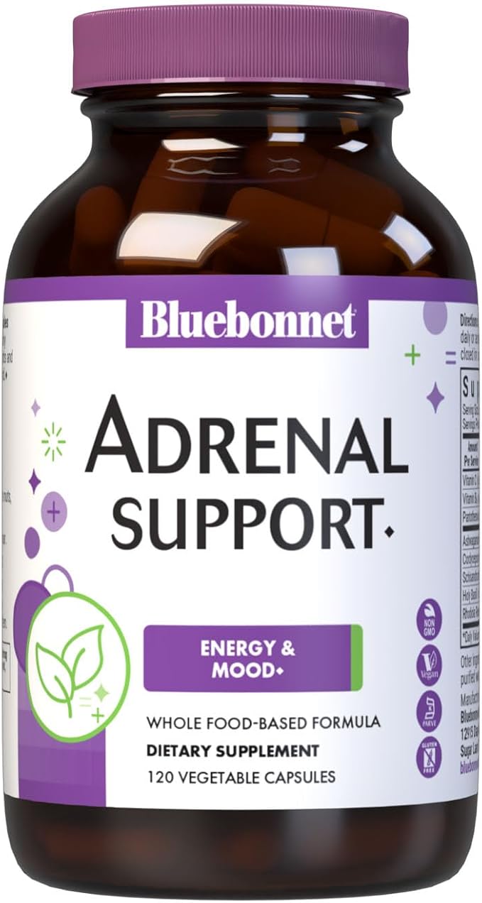 Bluebonnet Nutrition Adrenal Support, Energy & Mood*, Non-GMO, Vegan, Kosher Certified, Gluten-Free, Soy-Free, Dairy-Free, 120 Vegetable Capsules, 60 Servings
