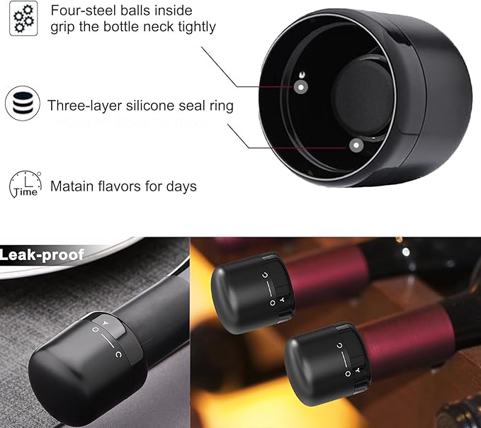 Wine Bottle Stopper With Twist Lock 2Pack,Wine Stopper With Silicone Reusable Wine Sealer, Wine Toppers Stopper Leak Proof And Keeps Wine Fresh For Easy Storage, Black