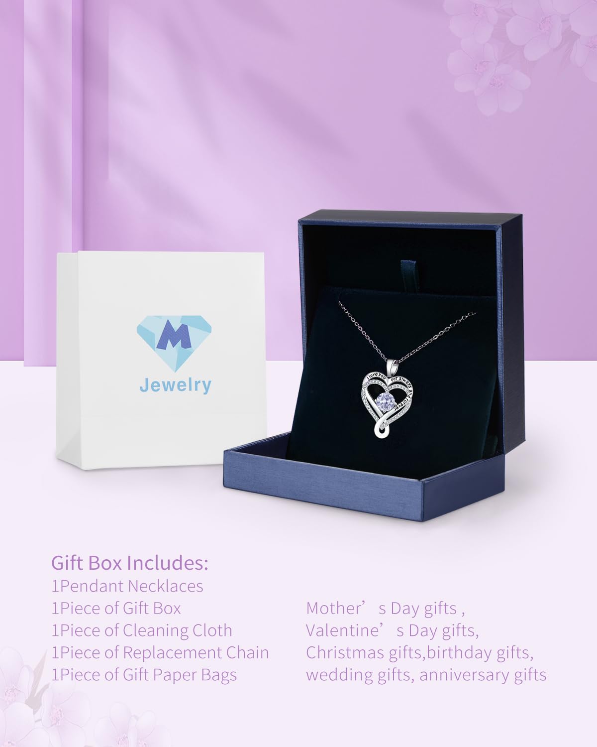 Mkhhy S925 Necklace for Women Anniversary Birthday Gifts for Wife Girlfriend Her Infinity Heart Birthstone Womens Jewelry Silver