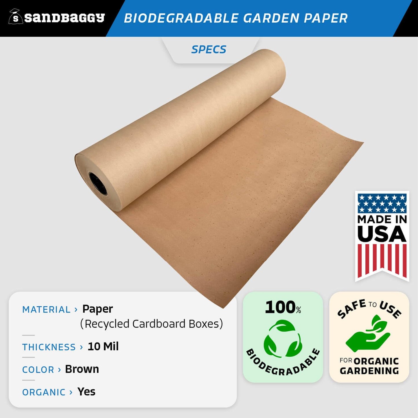 Sandbaggy Biodegradable Landscape Fabric - Garden Paper for Weeds - Paper Mulch Rolls - Made in America (2 ft x 475 ft, 1)
