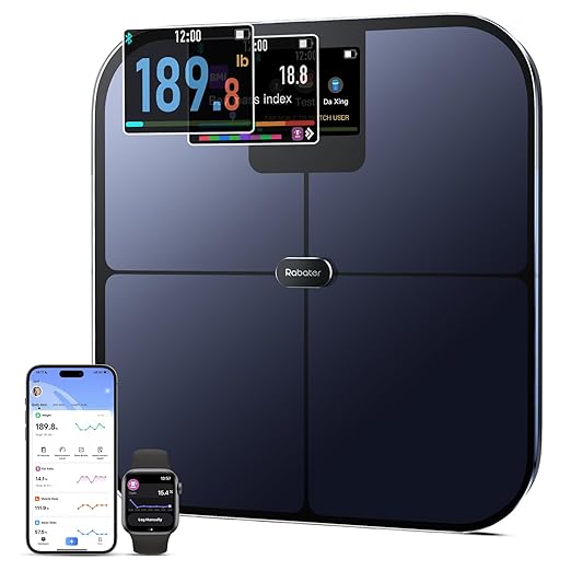 Rabater Smart Scale with Large Color Display, Digital Bathroom Scale for Body Weight BMI Muscle Mass, 25 Composition, Body...