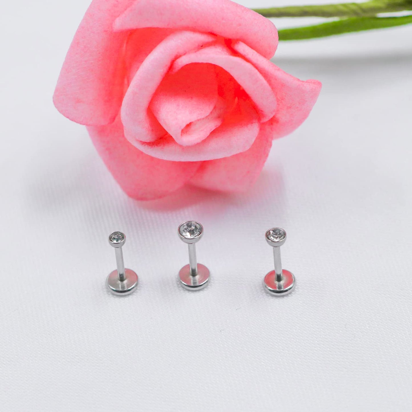 FLOGWE Implant Grade Titanium Lip Stud Rings 20G 6mm Barbell Threadless Push-in Flat Back Nose Stud Ring Earring Stud CZ 2mm 2.5