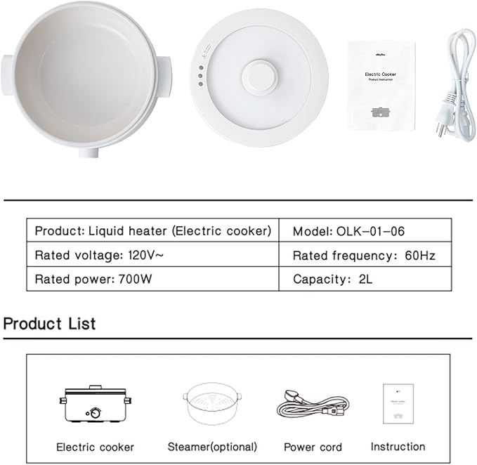 Electric Cooker, 2L Ceramic Glaze Non-stick Pot, Dual Power Multi-functional Electric Cooker, Suitable for Steak, Pasta, Hot Pot, Ramen, Quick Heating and Overheat Protection