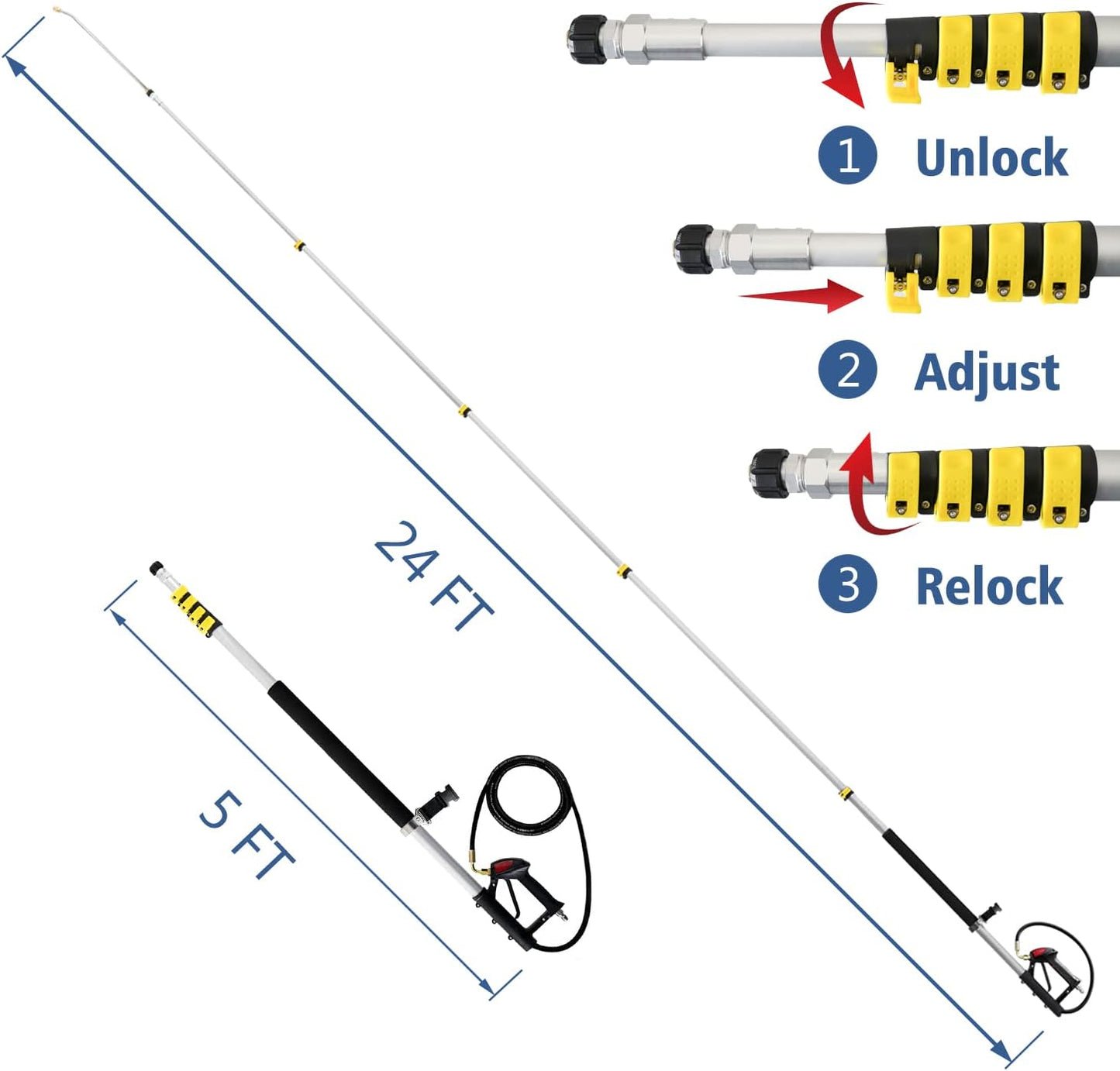 janz 24 FT, Aluminum Telescoping Pressure Washer Wand with 2 Pressure Washer Extension Wands,Gutter Cleaner Attachment, 7 Spray Nozzle Tips, 2 Hose Inlet Adapters, Pivoting Coupler and Support Harness