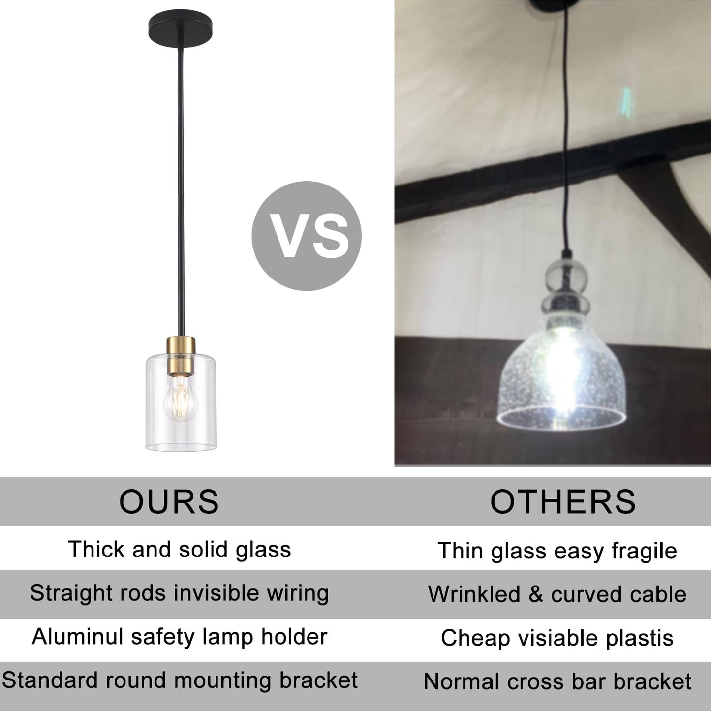 KLSS Black Brass Pendant Lights 3 Pack - Clear Glass Fixture with 12 Inch & 4 Inch Rods, Model HJBLDD3P001