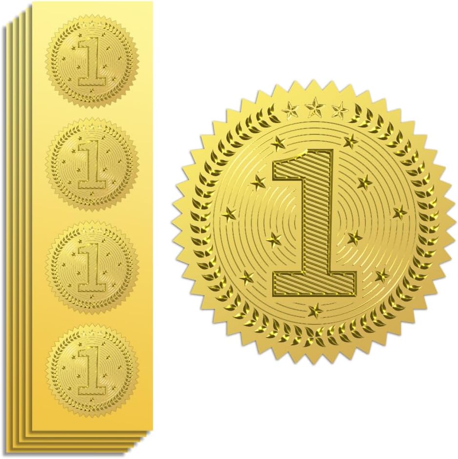 Peacoblue Gold Foil Stickers Seals Official Embossed, Number 1 Self Adhesive Gold Around Embossing Medal Stickers for Certificate Paper, Student Reward, Awards, Envelope Seals