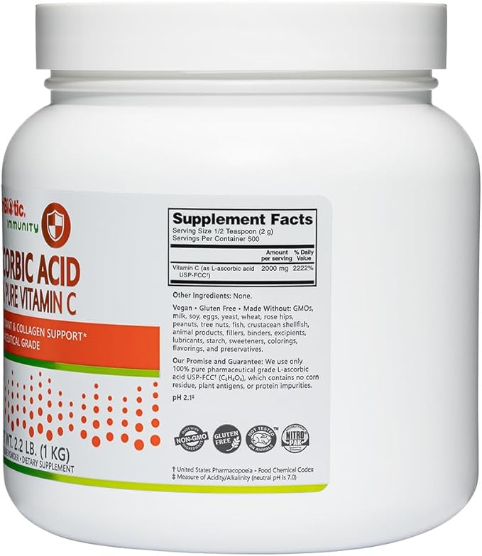 NutriBiotic Ascorbic Acid Vitamin C Powder, 2.2 Lb | Pharmaceutical Grade L-Ascorbic Acid, 2000 Mg Per Serving | Essential Immune & Antioxidant Collagen Support Supplement | Vegan, Gluten & GMO Free
