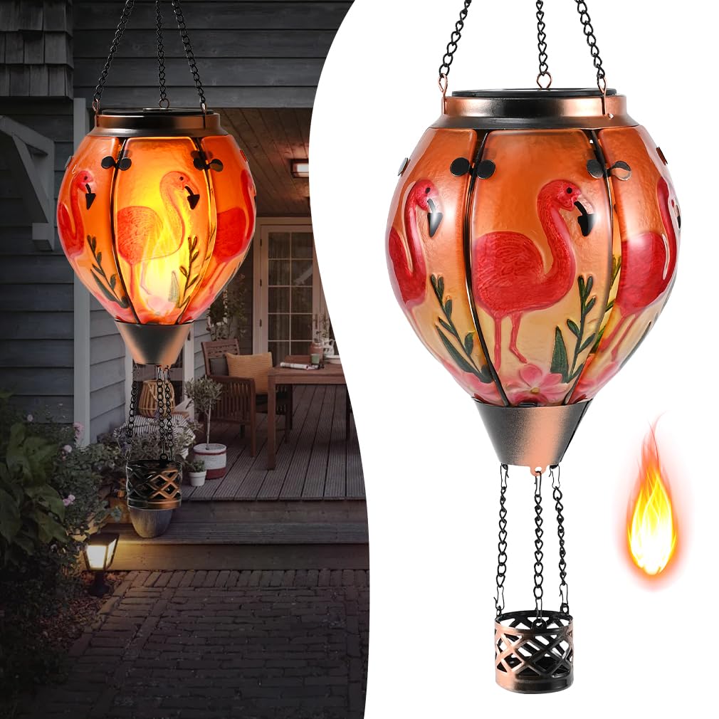 Hot Air Balloon Solar Lantern - Flamingo Stained Glass Lantern  Simulated Flickering & Dancing Flame  Outdoor Hanging Yard Light Waterproof Ip65 For Patio Lawn Porch Decor Gift