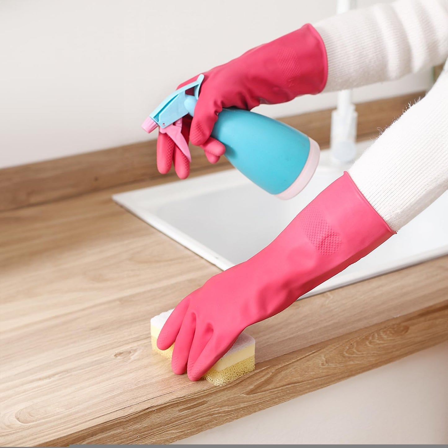 Bamllum Rubber Cleaning Gloves for Kitchen - 4 Pairs Reusable Dishwashing Gloves for Household, Flexible Long-lasting & Waterproof (Large, Blue+Green+Red+Orange)
