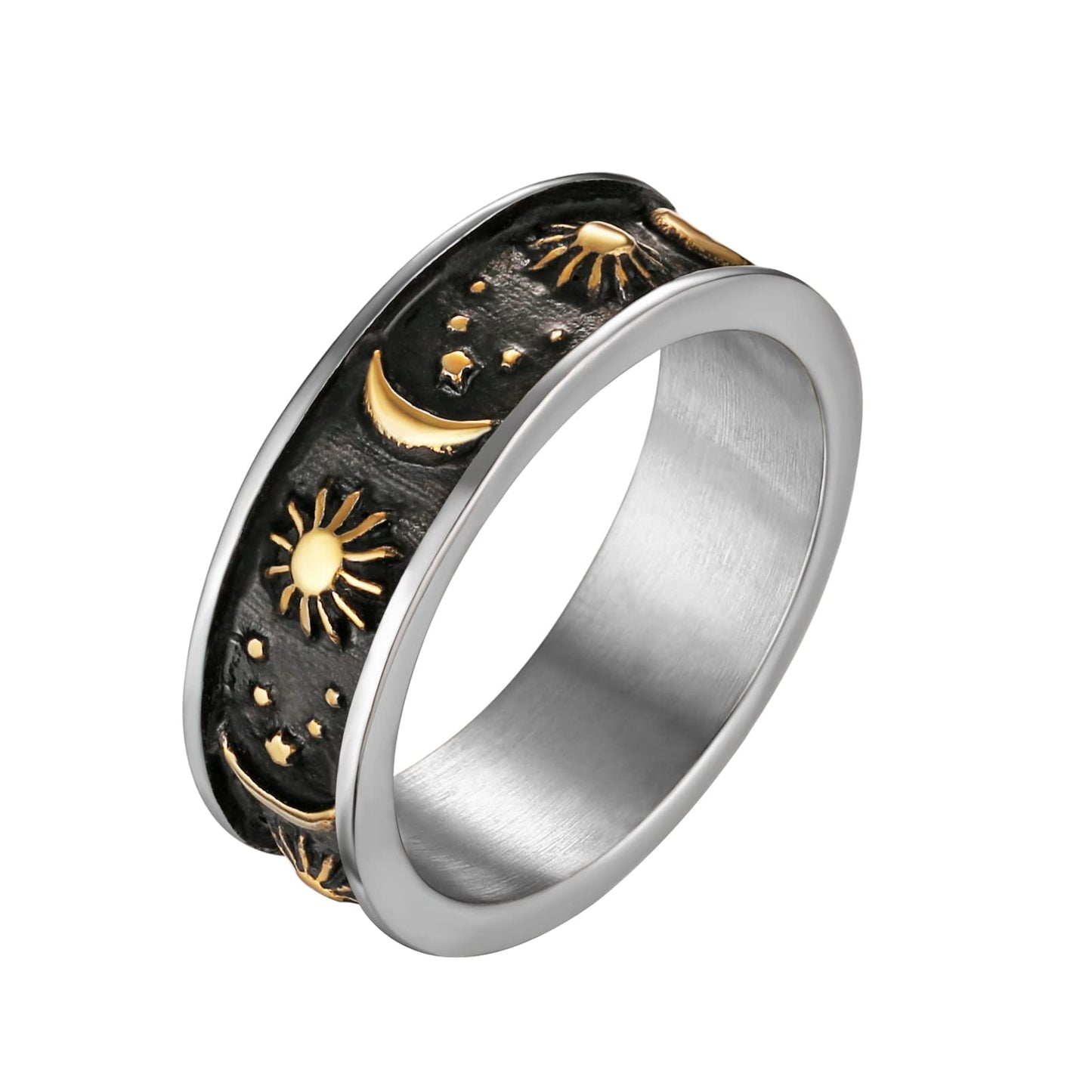 HZMAN 8mm Moon Star Sun Statement Ring Stainless Steel Boho Jewelry for Women Men (Silver & Gold, 12)