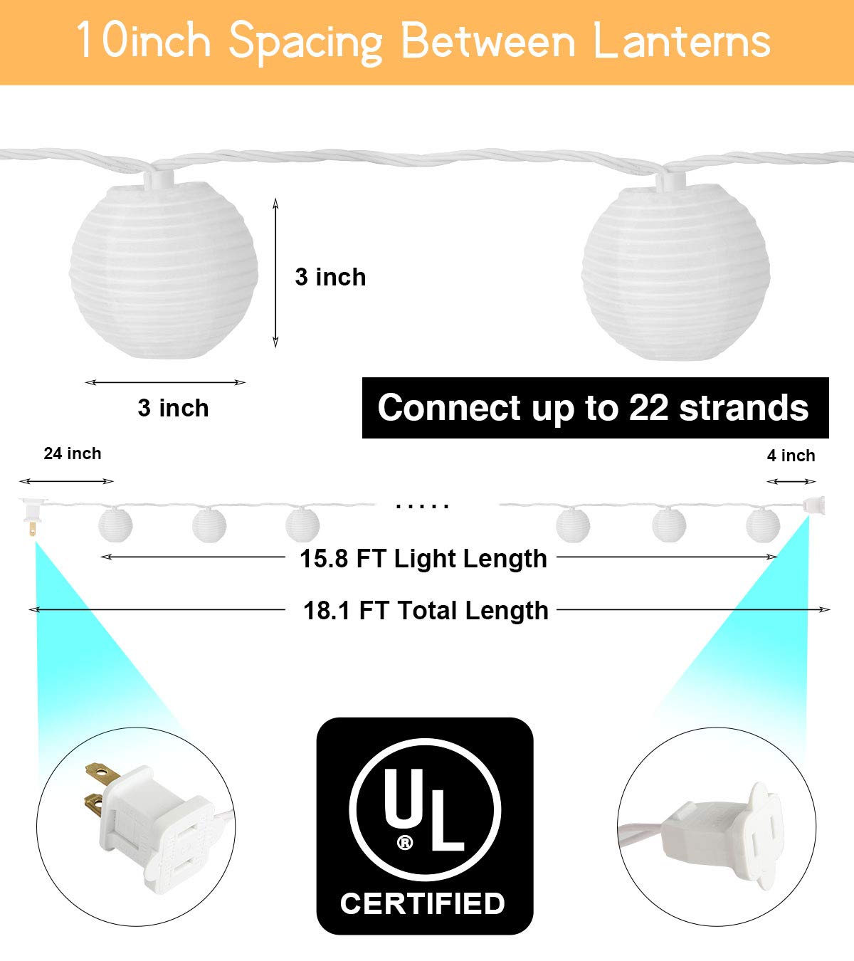 TIGOMOOV Mini Lantern String Lights, 20CT Connectable, 3 Inch White Nylon Globe Lights for Outdoor and Indoor Decor