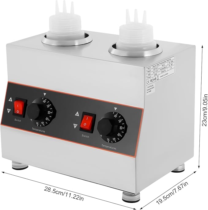 Electric Chocolate Sauce Warmer, 320W 110V Adjustable Temperature Toppings Bottle Hot Fudge Warmer with 2 Squeeze Bottle, 0.14Gal Single Bottle Hot Cheese Sauce Dispenser Jam Heat Preservation Machine