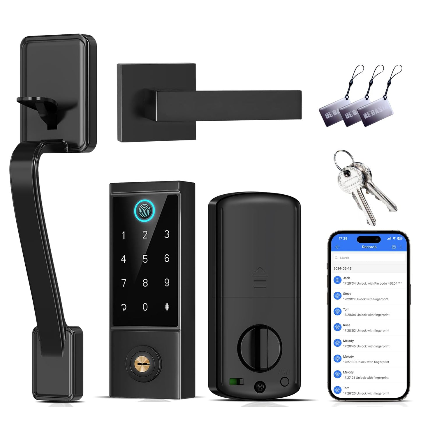 BEBASIA Heavy Duty Fingerprint Smart Door Lock for Front Door, APP Control Front Door Lock Sets, Auto Lock, Anti-Peeping Touchscreen Digital Keypad, Electronic Keyless Entry Deadbolt, Black