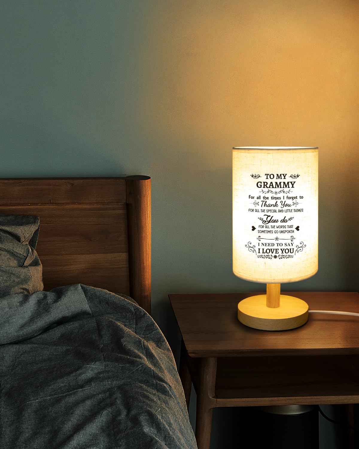 Calibron Fabric Table Lamp for Grammy - Unique Birthday Gift with Wooden Stand - White - Model KKYXYMTDX0229