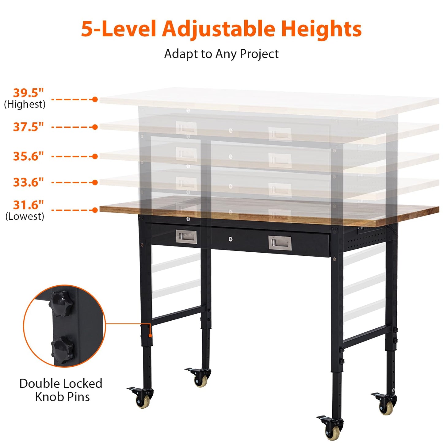 EliteEdge 60" Adjustable Work Bench, Heavy Duty Steel Frame Workbench with Storage Drawer, Wheels, 2000 Lbs Load Capacity, Rubberwood Top Work Table for Garage, Workshop, Black