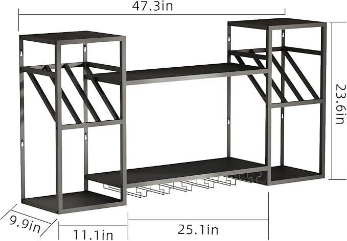 Wall Mounted Wine Rack, Multi Functional Bar Shelves for Liquor Bottles with Glass Holder, Modern Metal Bar Shelves Wall Mounted for Home Bar, Kitchen