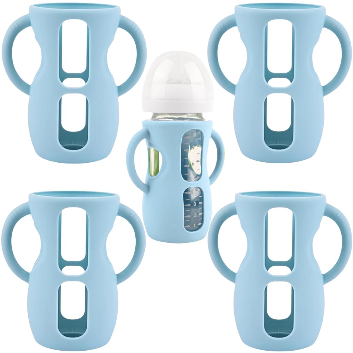 Frezonika 4 Pack Silicone Sleeves for Avent Natural Glass Baby Bottles, Silicone and Easy-Grip Handles for Drop Protection, Compatible with Philips Avent 4/8 OZ Glass Bottle (Light Blue, 8 OZ)