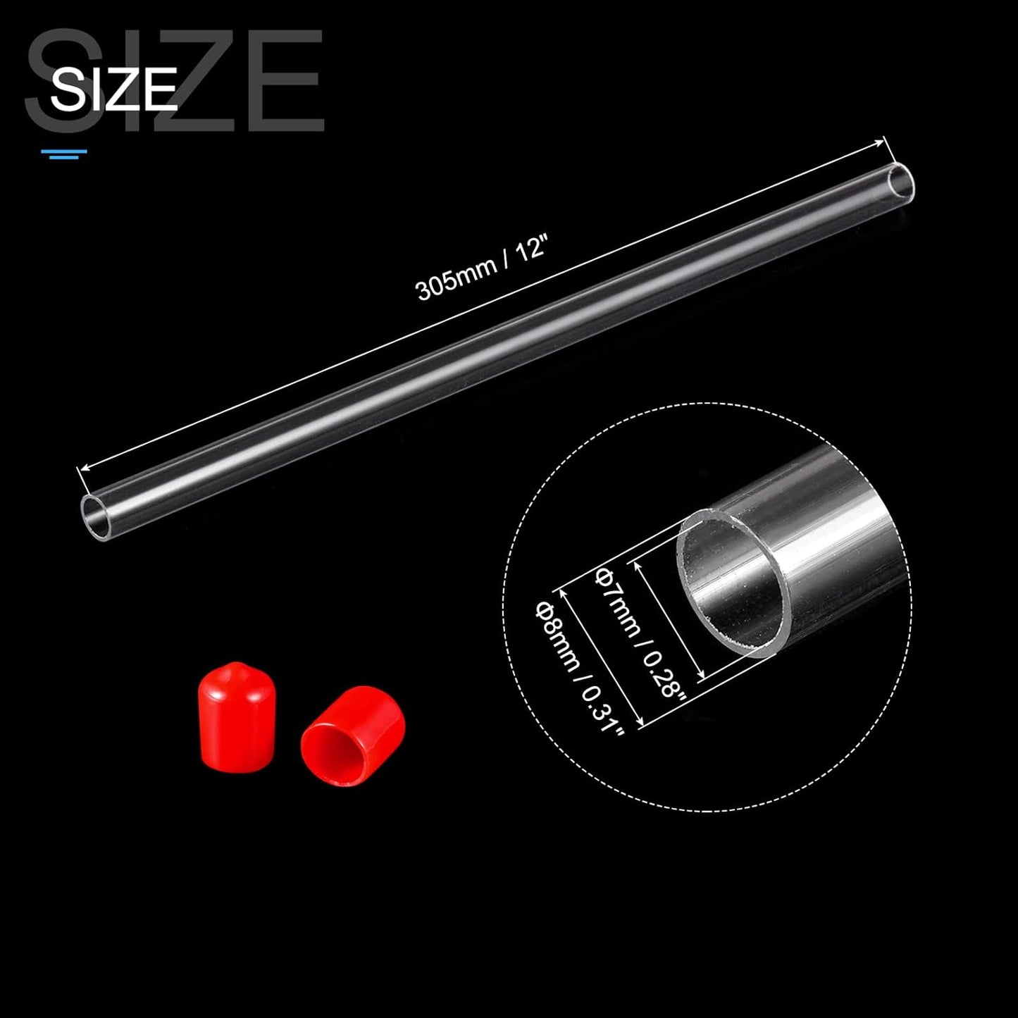 PATIKIL Clear Rigid Tube Round Plastic Tubing with Red Rubber Caps Polycarbonate Water Pipe, 305mm/ 12 Inch Length, 7mmx8mm/0.28"x0.31", 2 Set