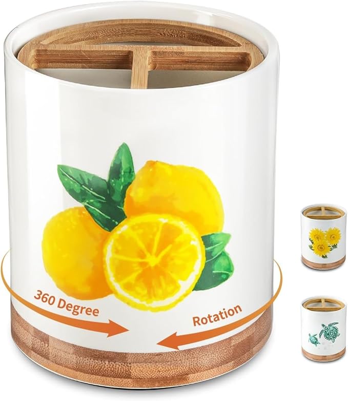 HAPPY KIT 7.6″ Extra Large Kitchen Utensil Holder 360° Rotating Utensil Holder for Kitchen Counter with 3 Removable Compartment, Housewarming Gift & Farmhouse Decor (Lemon)