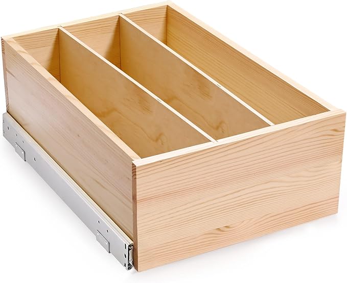 Pull Out Cabinet Organizer with Divider, 14''W×21''D×7''H Soft Close Wood Drawer for Kitchen Pantry, Finished, Heavy-Duty, Bottom Assembly (Wood Drawer Part Width is 13'')