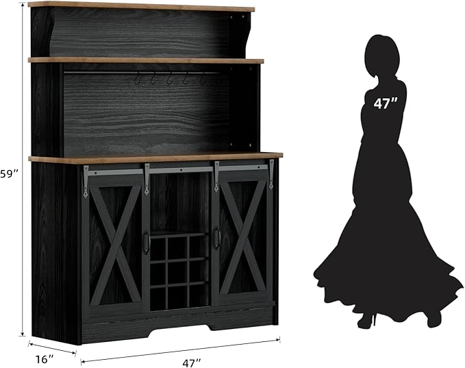 Farmhouse Coffee Bar Cabinet with 3 Tier Storage Hutch, 47'' Coffee Bar Station with Sliding Barn Door, Hutch Storage Cabinet with 9 Wine Racks & 9 Hooks for Kitchen Dining Living Room