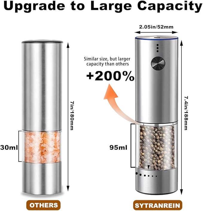Rechargeable Electric Salt and Pepper Grinder Set, Upgraded Larger Capacity,Premium Stainless Steel Automatic Pepper Salt Mill Grinder Set with LED Light, 6 Adjustable Coarseness