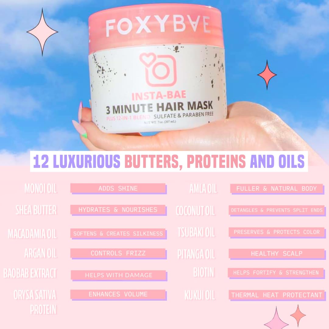 FoxyBae 3-Minute Hair Mask - with Biotin - for Dryness, Damage, Growth - Deep Conditioning, Hydrating, Moisturizing - Insta-Bae