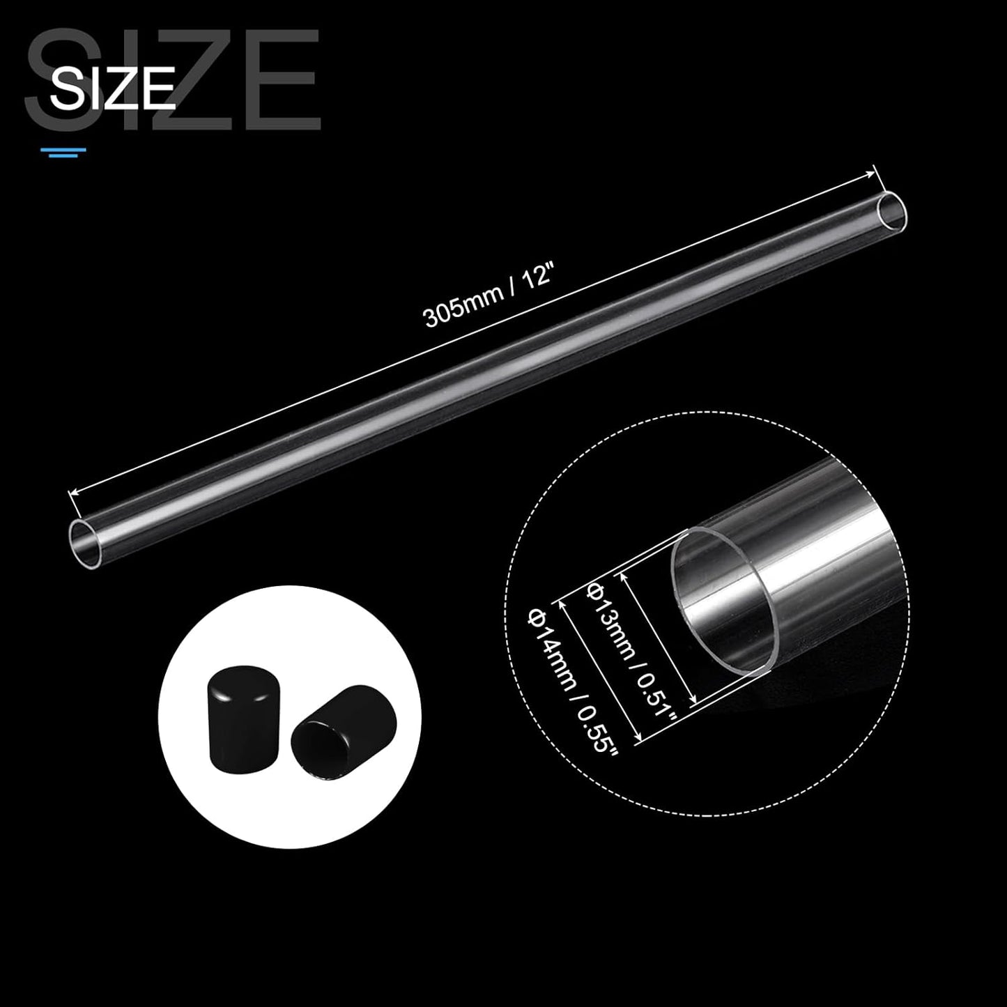 PATIKIL Clear Rigid Tube Round Plastic Tubing with Black Rubber Caps Polycarbonate Water Pipe, 305mm/ 12 Inch Length, 13mmx14mm/0.51"x0.55", 2 Set