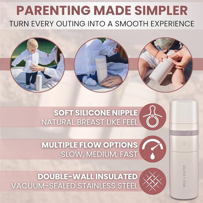 MILK & WATER All in One Baby Bottle & Baby Formula Dispenser On The Go, 9oz - Keeps Water Warm & Formula Fresh - Baby Formula Mixing Bottle with Anti Colic Nipple - Leak-Proof - 3+ Months (Pink)