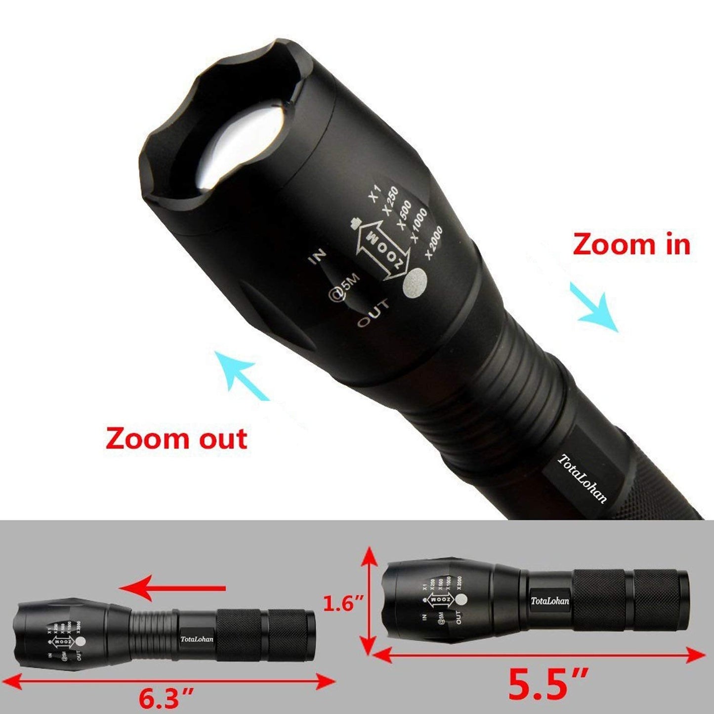 TotaLohan Military Grade 2000 Lumen LED Tactical Flashlight Torch, 5 Modes, Black, Model TOTALOHAN-MPN-2024-PX, 4 Pack