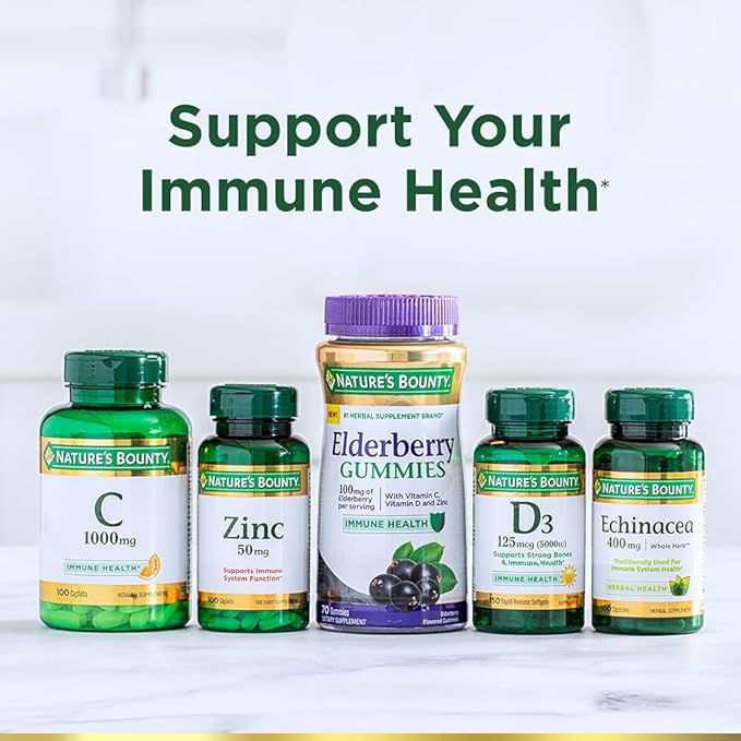 Nature's Bounty Elderberry Gummies, Dietary Supplement, Supports Immune Health, Contains Vitamin A, C, D, E and Zinc, 100 mg, 70 Gummies