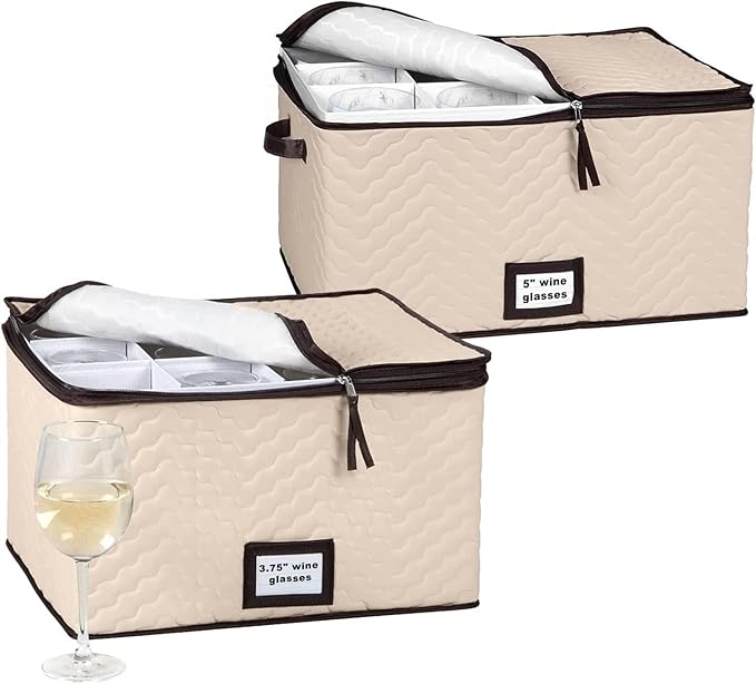 Wine Glass Storage Box with Dividers - Stemware Storage Case, Durable Quilted Microfiber Bin with Carry Handles, Protects Fine China - Durable Quilted Microfiber Bin with Carry Handles (2 Pack, Red & White Wine Glass)