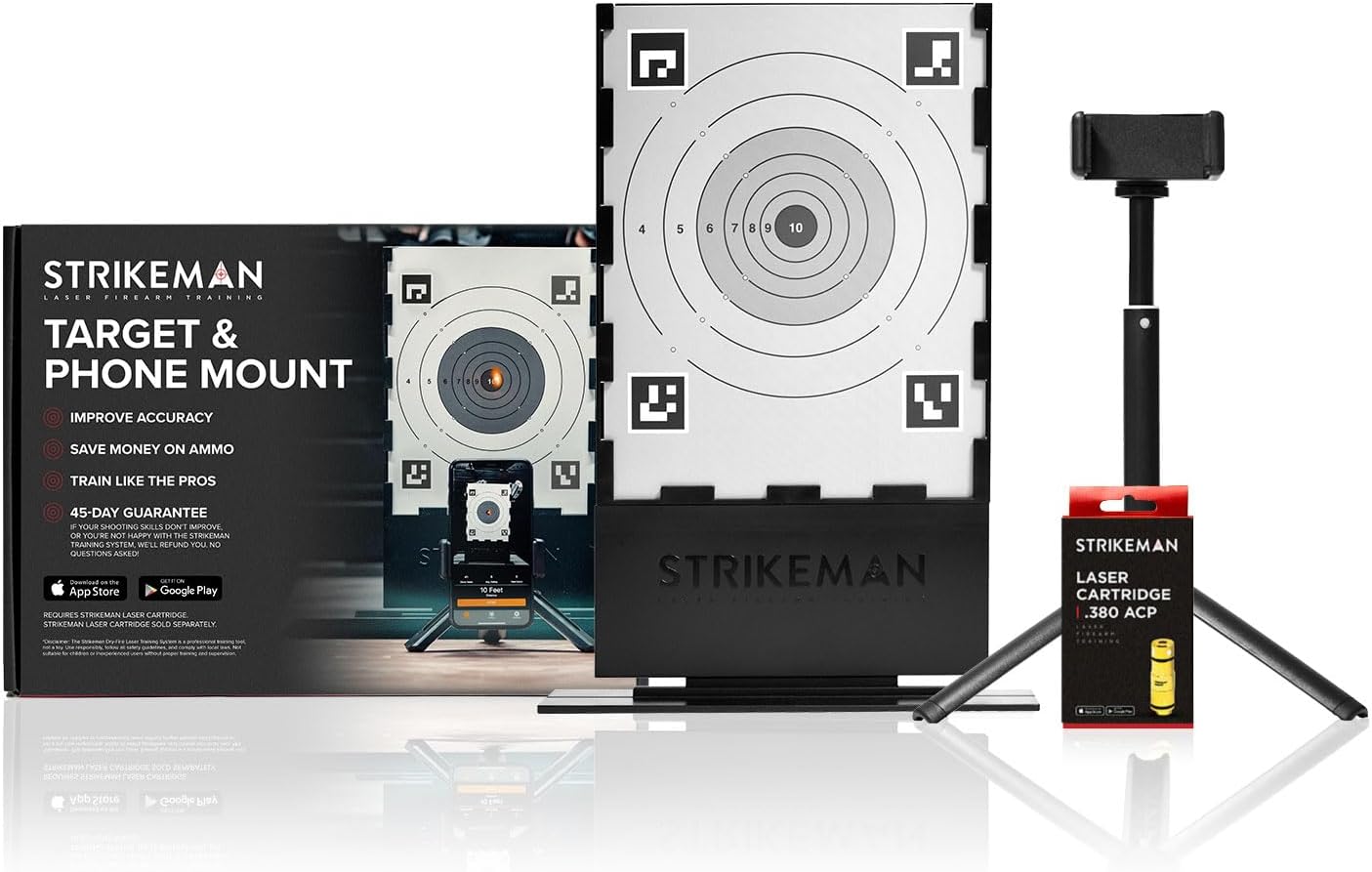 Strikeman .380 ACP Dry-Fire Laser Training System - Great for Target Shooting Practice with Pistols - Kit Includes Access to Updated App (No Subscription Needed), Cartridge, Target & Phone Holder