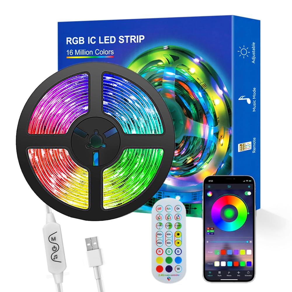 ADRESUNO WS2812b LED Strip 9.8FT 60 Pixels/m Smart RGB Light, Bluetooth Control, White PCB, Model AD5M24KEYSUS60LED