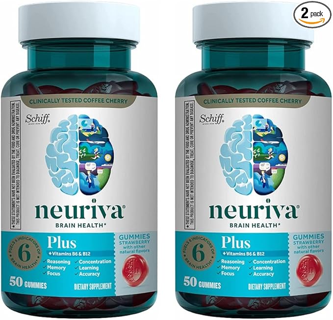 NEURIVA Plus Brain Supplement for Memory, Focus & Concentration + Cognitive Function with Nootropics Phosphatidylserine and Neurofactor, VIT B6 & B12, Strawberry Flavor, 50 Gummies (2 Pack)