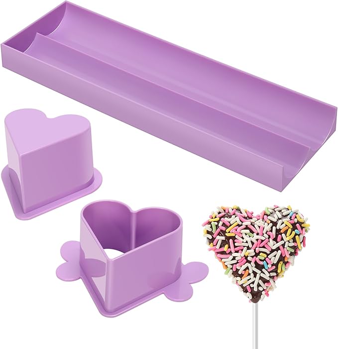 Heart Cake Pop Mold Set with 9 Inch Tray and Sticks, Circle Cake Pop Cutter and Pusher, Baking Molds Kit for Parties, Wedding,Home Desserts Making-Purple