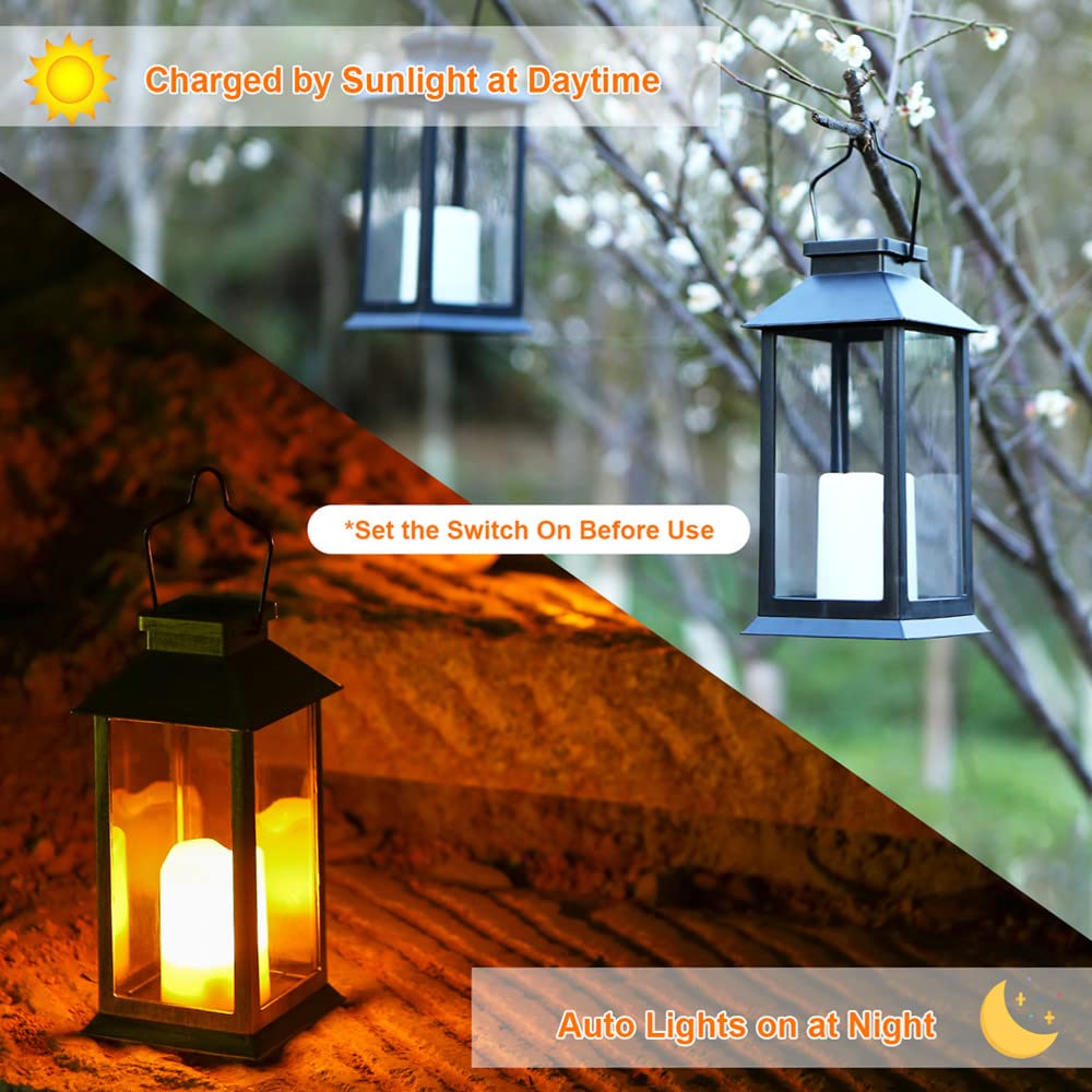 Tomshine Solar Lanterns 2 Pack, 11.8 Led Flameless Candle Lights, Outdoor Hanging, Black