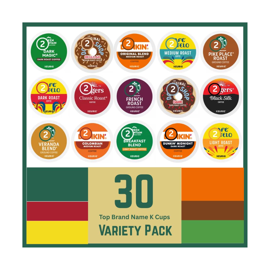 30 Count - Folgers  Donut Shop  Caf? Bustelo & Green Mountain Variety Pack Coffee Pods K Cup Sampler - French Roast  Pike Place  Verona  Black Silk  Breakfast  House  Colombian  Sumatra  Classic  Dark Magic  Veranda  Original for malt-inspired