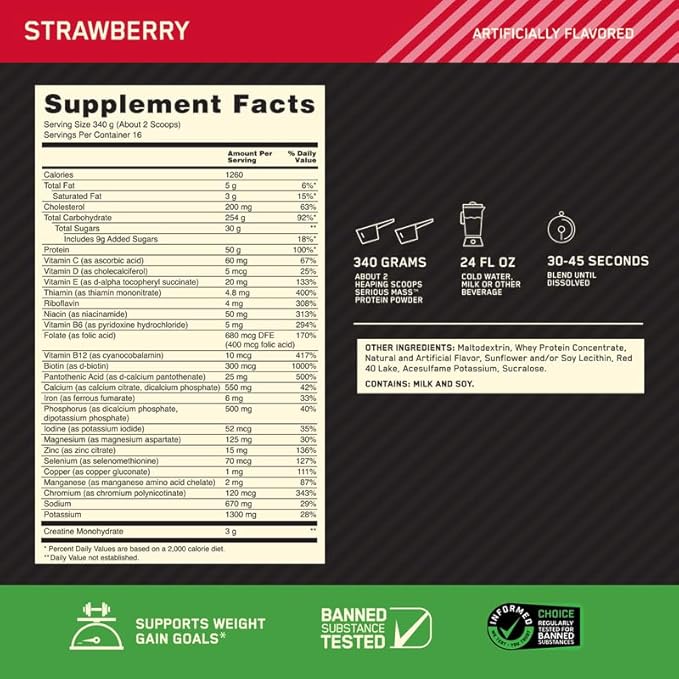 Optimum Nutrition Serious Mass, Weight Gainer Protein Powder, Mass Gainer, Vitamin C and Zinc for Immune Support, Creatine, Strawberry, 12 Pound (Packaging May Vary)