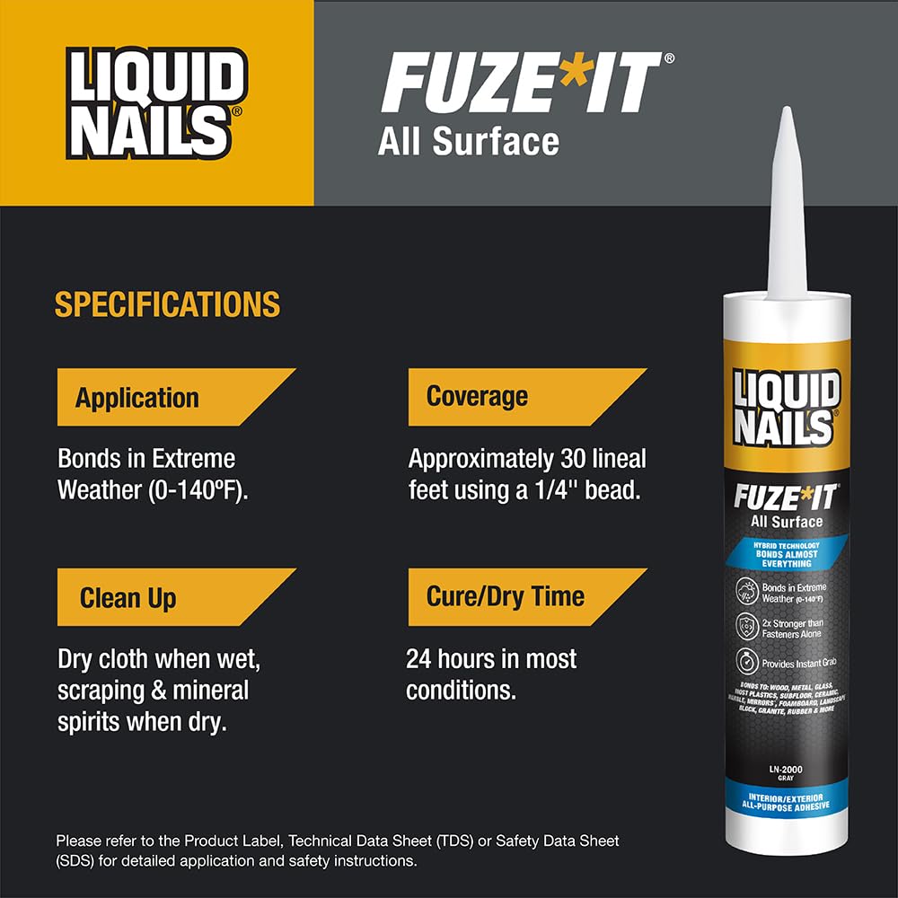 Liquid Nails 56198673380 LN-2000 FuzeIt All Surface Construction Adhesive (9-Ounce) , Gray