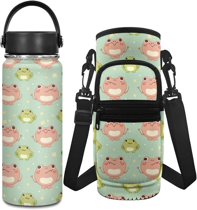 Frog 18 OZ Water Bottles for Kids Stainless Steel Water Bottle for Girls 6-8 Insulated Water Bottle Carrier Sling Bag 2Pcs Vacuum Bottle
