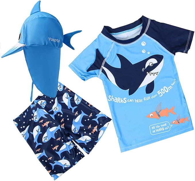 Baby Toddler Boys Two Pieces Swimsuit Set Shark Bathing Suit Rash Guards Swimwear with Hat UPF 50+