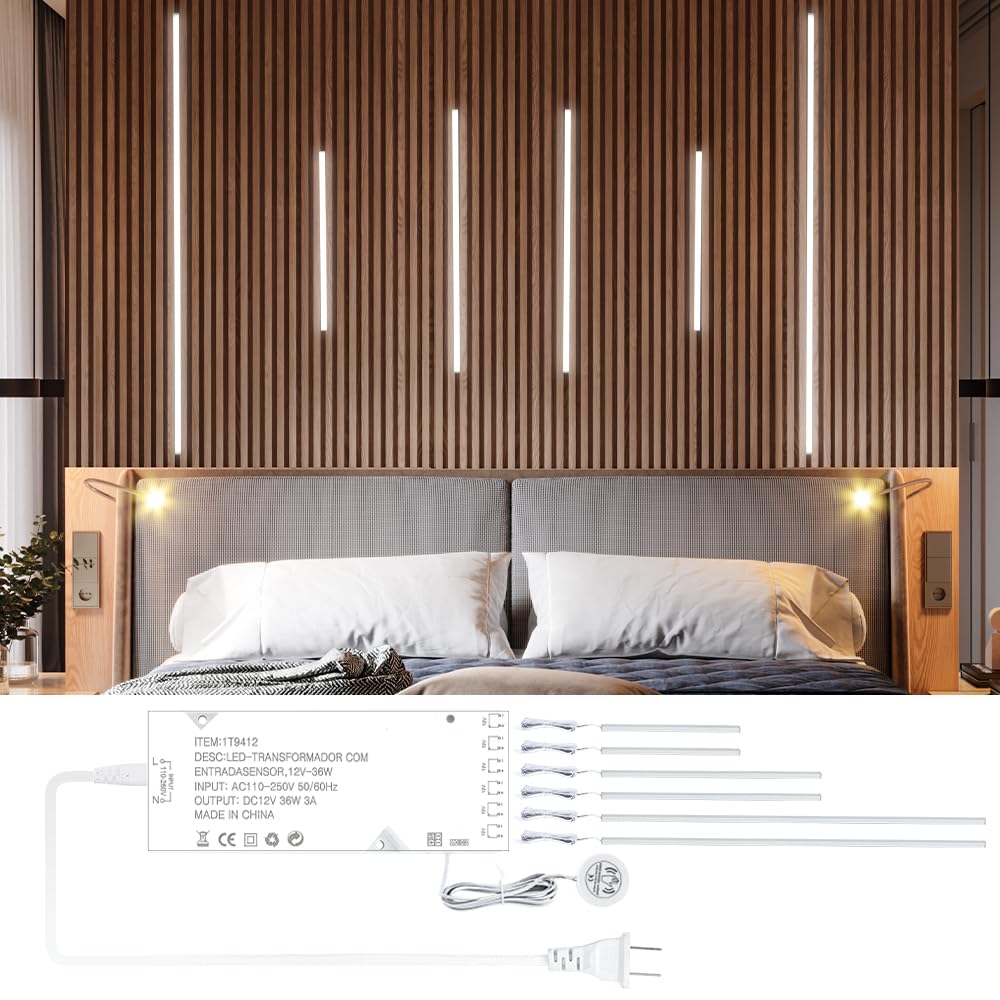 Cubitor Led Recessed Lighting Kit 6 Pack Self-Adhesive Cob Led Light Bar  Cold White 6000K  With Touching Switch  For Wood Slat Wall Panels Headboards Home Decor.Silver Channel 2Pcs*(16In+24In+40In)