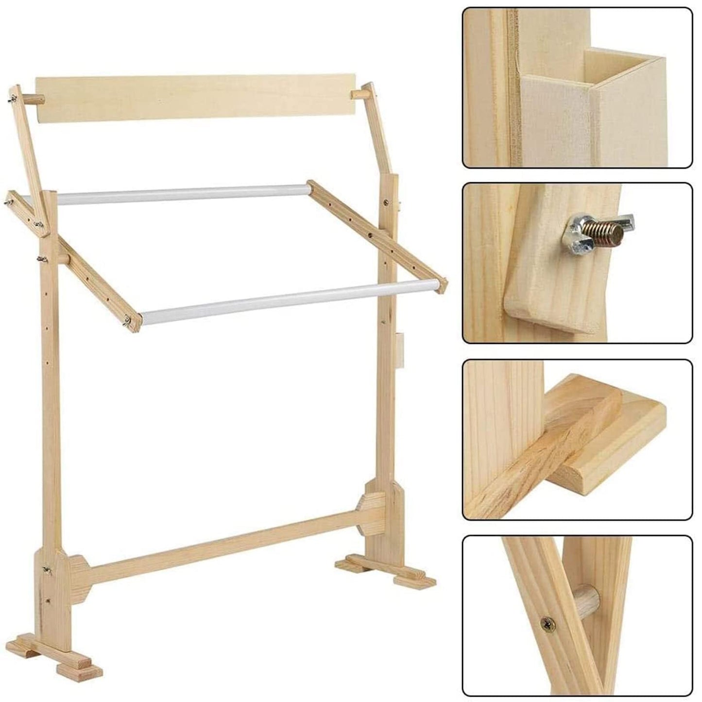 Embroidery Hoops Stand – 360° Adjustable Wooden Cross Stitch Frame, Needlework Floor Stand with Tool Box, Height & Width Adjustable