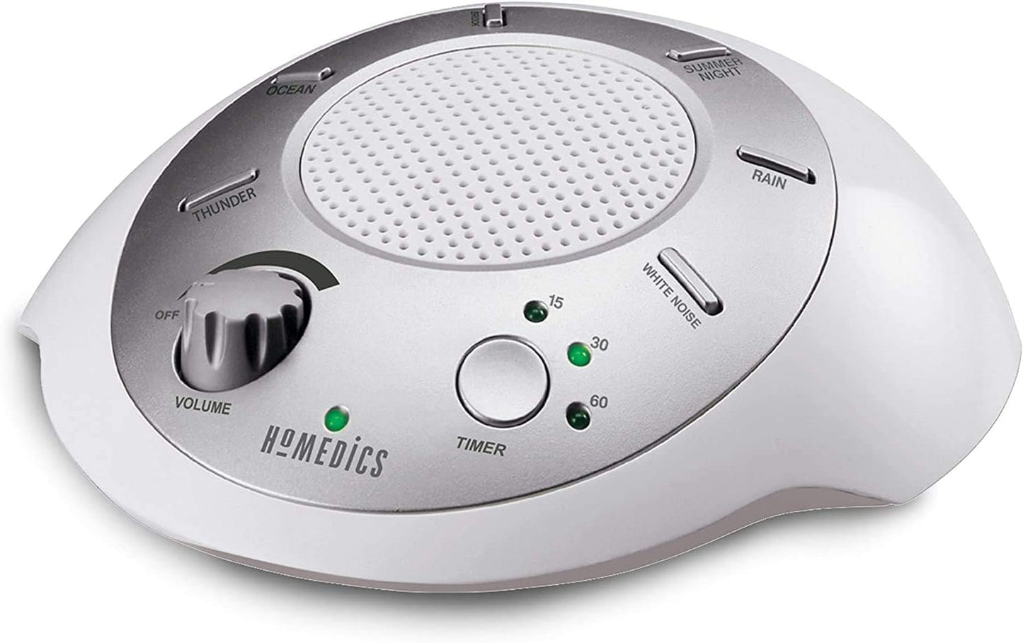 Homedics SoundSleep White Noise Machine, Silver, Small Travel Device with 6 Relaxing Nature Sounds, Portable Therapy for Home, Office, Nursery, Auto-Off Timer