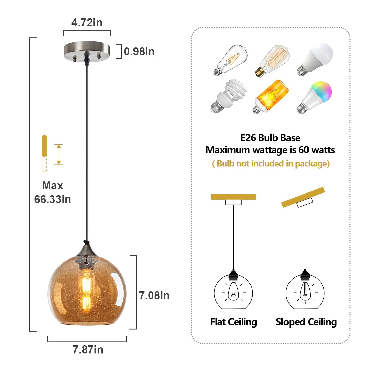 Lbsqj Amber Glass Pendant Lights Kitchen Island Lighting Globe Pendant Light Fixtures Modern Pendant Lighting For Bedroom Living Dining Room Light Fixture (7.87 In  3 Pack)